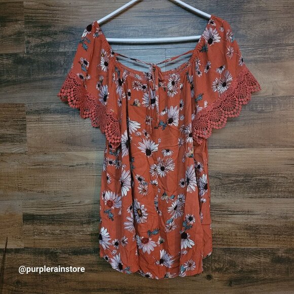 Maurices Floral Top 1X Crochet Lace Trim Gauzy Crinkle Terracotta Tie Neck Boho - Picture 2 of 9